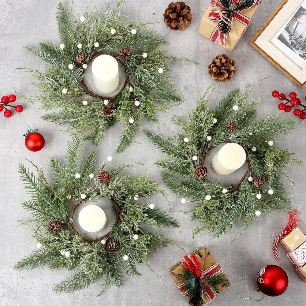 4-Piece Mini Wreath Candle Holders with Pine Cones - Perfect for Christmas Decor